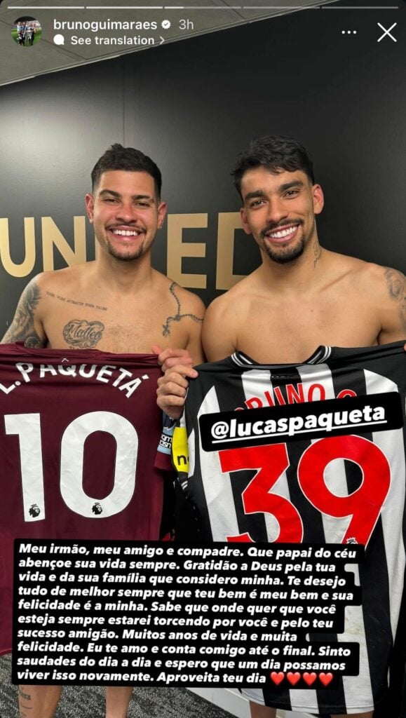 Bruno Guimaraes' emotional Instagram message to Lucas Paqueta