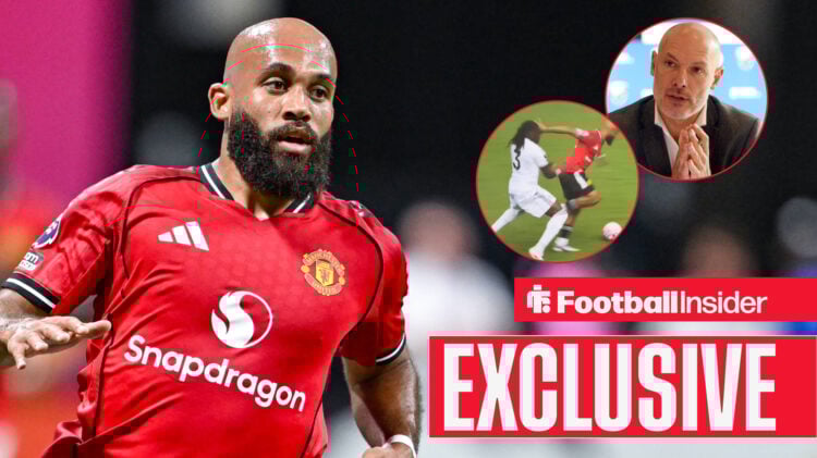 Bryan Mbeumo in a Man United kit, Howard Webb and Calvin Bassey foul in circular insets