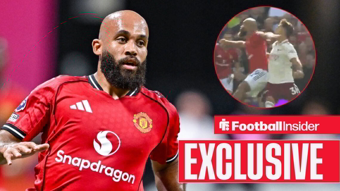 Exclusive banner over Bryan Mbeumo running in a Man United shirt, Mbeumo elbowing Martin Zubimendi in circular inset