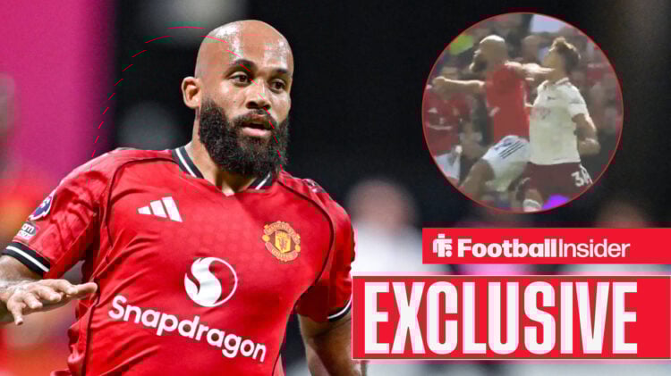 Exclusive banner over Bryan Mbeumo running in a Man United shirt, Mbeumo elbowing Martin Zubimendi in circular inset