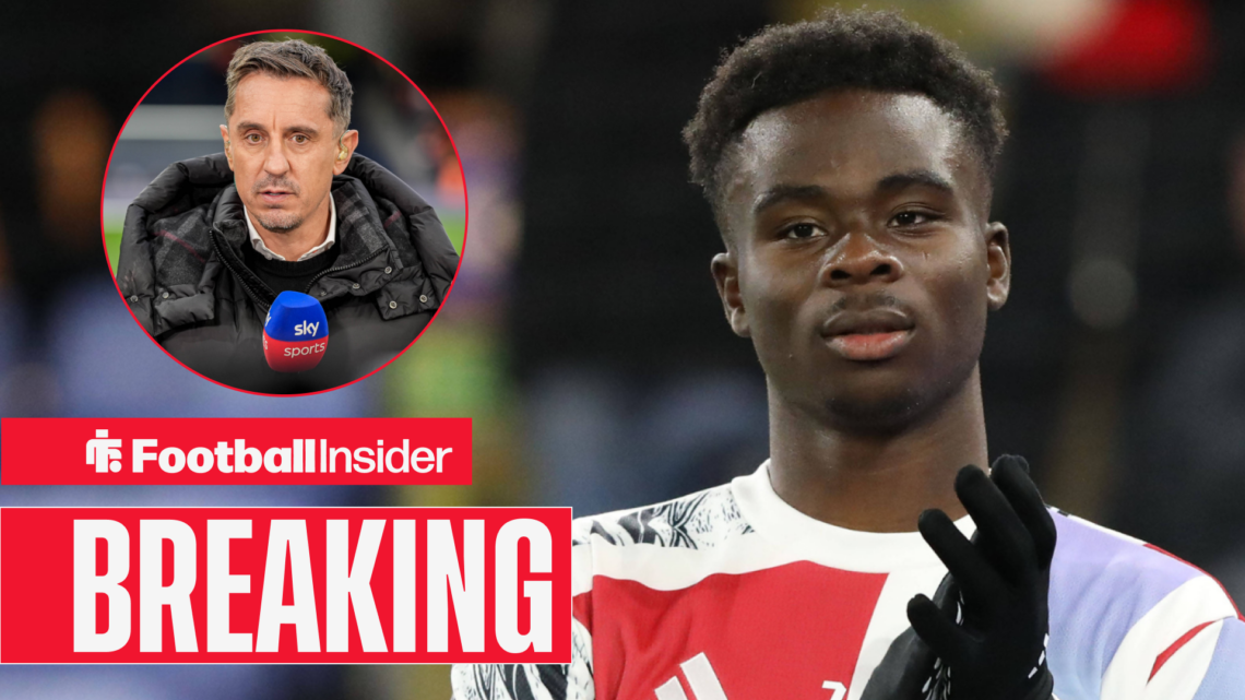 Bukayo Saka clapping in an Arsenal kit, Gary Neville in a circular inset