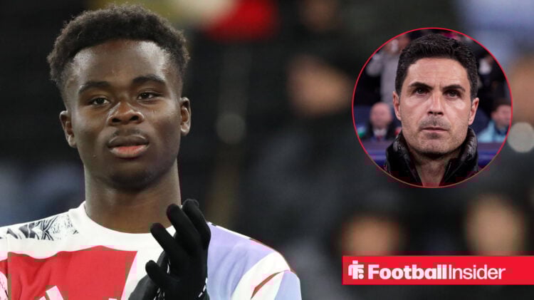 Arsenal forward Bukayo Saka alongside a circular inset of manager Mikel Arteta