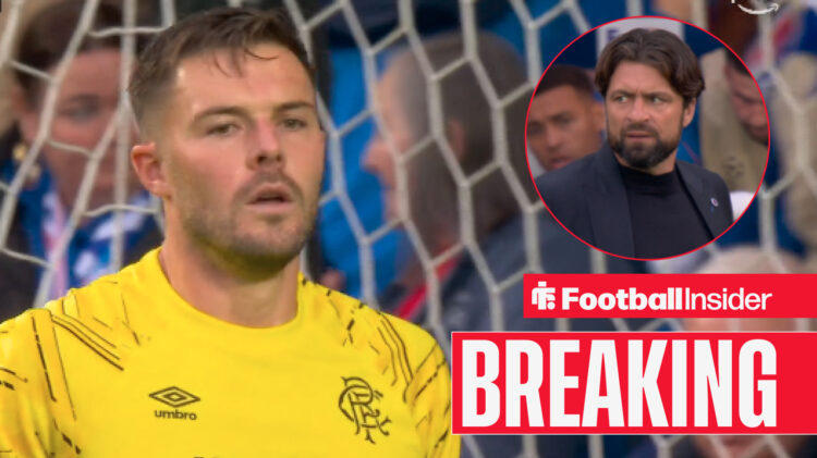 Jack Butland looks on after conceding twice as Russell Martin scowls from a circular inset