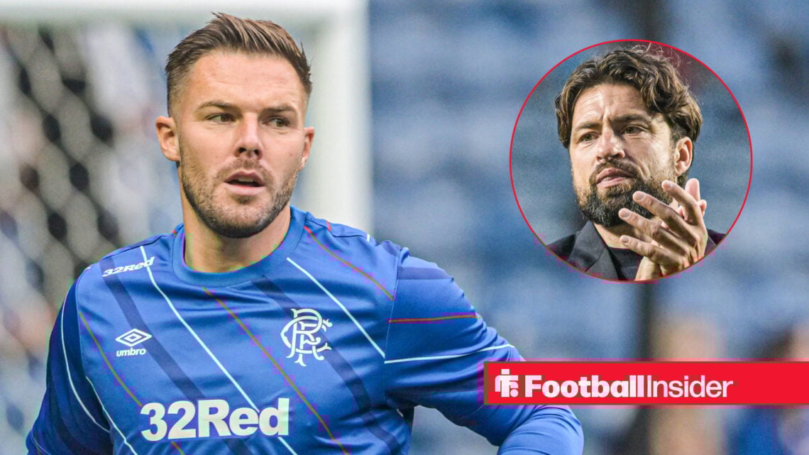 Jack Butland pictured warming up before a Rangers match alongside an image of Russell Martin.