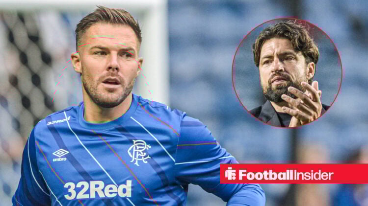 Jack Butland pictured warming up before a Rangers match alongside an image of Russell Martin.