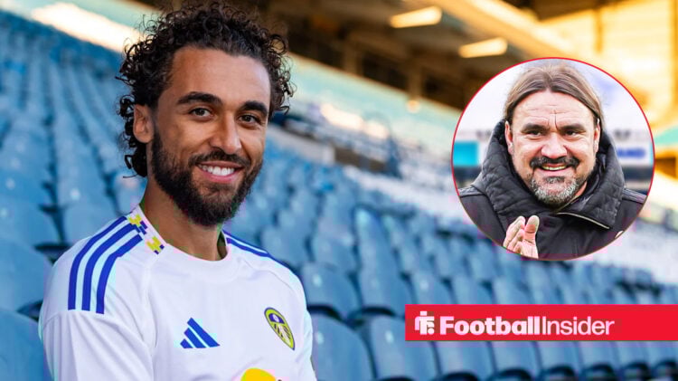 Dominic Calvert-Lewin in a Leeds kit at Elland Road, next to an image of Daniel Farke