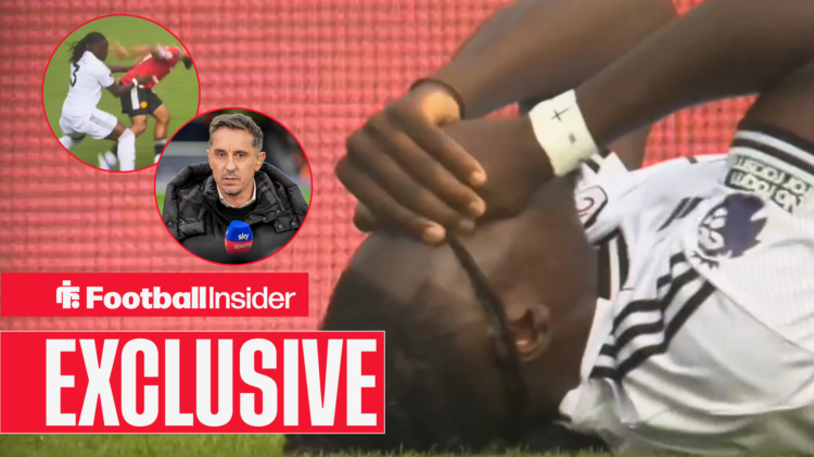 Calvin Bassey holding his face on the floor, Gary Neville in a circular inset, exclusive banner