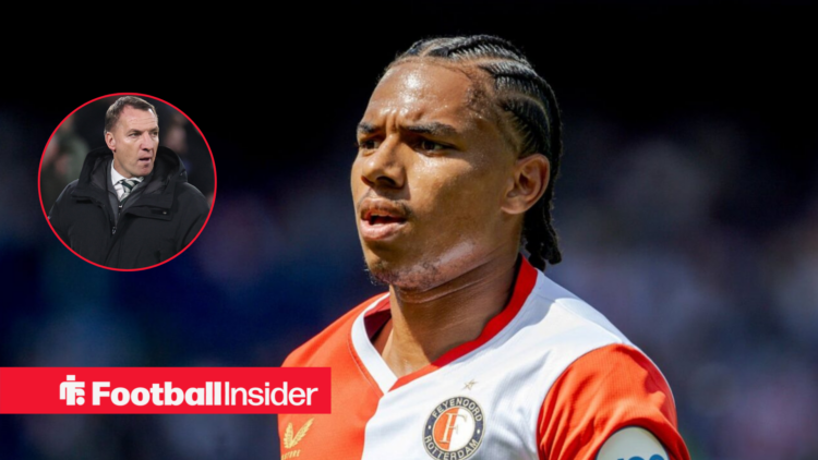 Celtic boss Brendan Rodgers in a circular frame next to an image of Feyenoord star Calvin Stengs