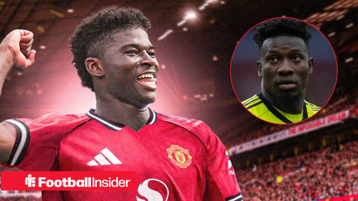 Carlos Baleba at Old Trafford with Andre Onana in a circle inset