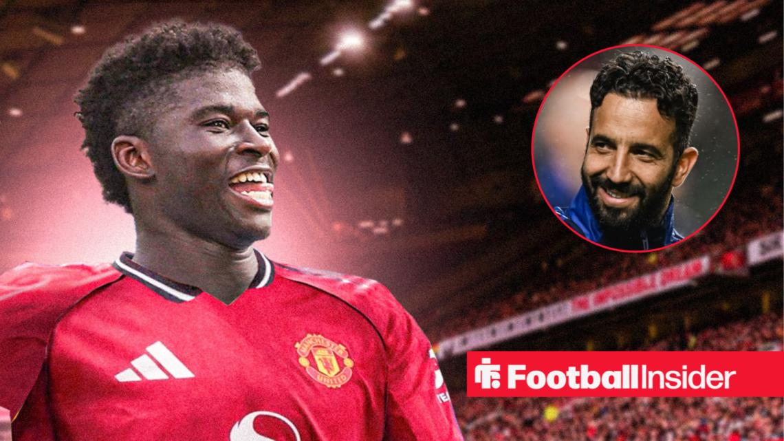 Carlos Baleba in a Manchester United shirt against a backdrop of Old Trafford, alongside a circular inset of manager Ruben Amorim