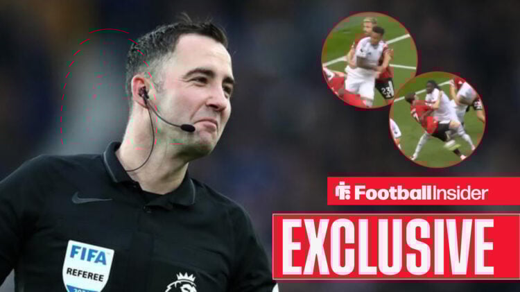 Chris Kavanagh smiling, Fulham v Man United penalty incident in circular insets