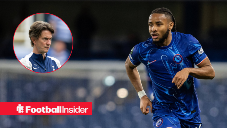 Chelsea winger Christopher Nkunku in action alongside a circular inset of Tottenham manager Thomas Frank.