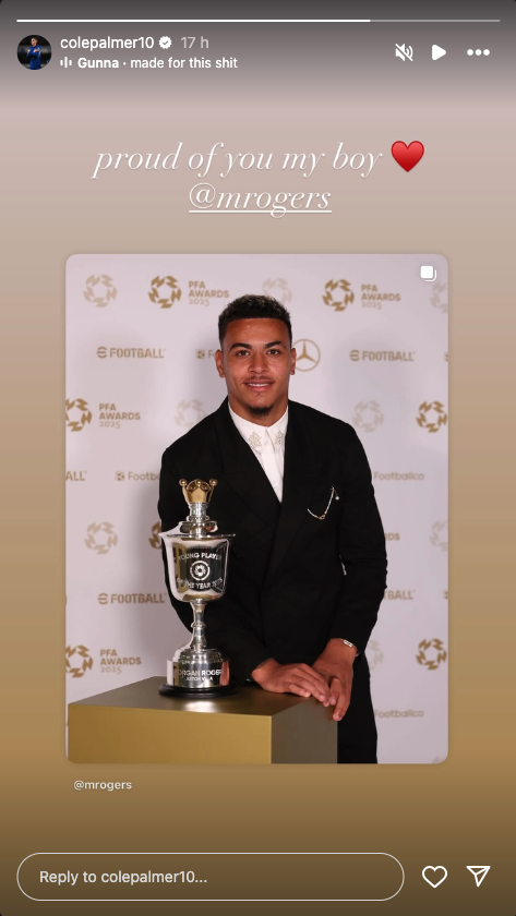 Morgan Rogers being congratulated by Cole Palmer after winning the young player of the year