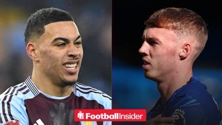 Morgan Rogers grimacing on the left with Cole Palmer rubbing his shoulders on the right