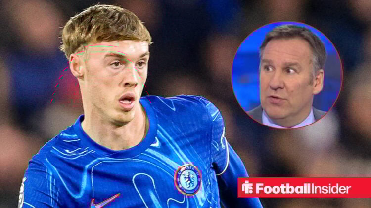 Cole Palmer looking focused for Chelsea on the left with Paul Merson talking on the right