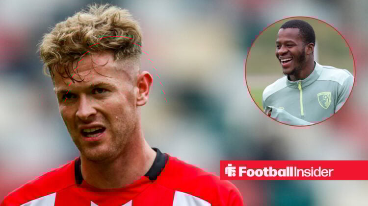 Brentford's Nathan Collins during a Premier League match, next to an image of Dango Ouattara.