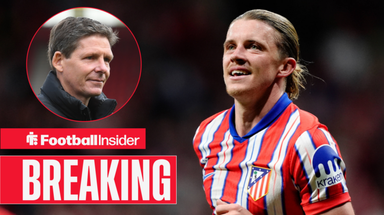 Conor Gallagher in action for Atletico Madrid, Oliver Glasner pictured in a circular inset