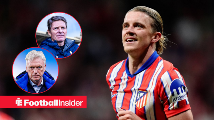 Atletico Madrid's Conor Gallagher looking at Everton manager David Moyes and Crystal Palace manager Oliver Glasner both left inset