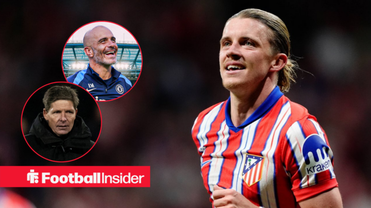 Atletico Madrid's Conor Gallagher celebrates a goal looking left at a laughing Chelsea manager Enzo Maresca and concerned Crystal Palace manager Ol...