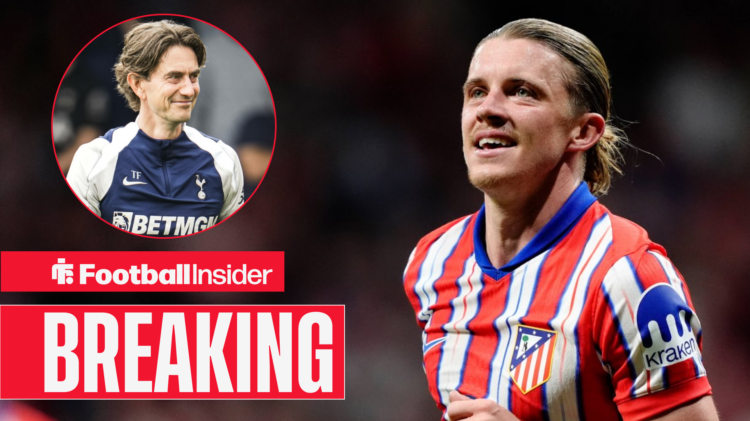 Conor Gallagher grinning in an Atletico Madrid, Thomas Frank in a circular inset
