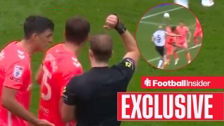 Coventry's Bobby Thomas pleads with referee alongside picture of handball incident