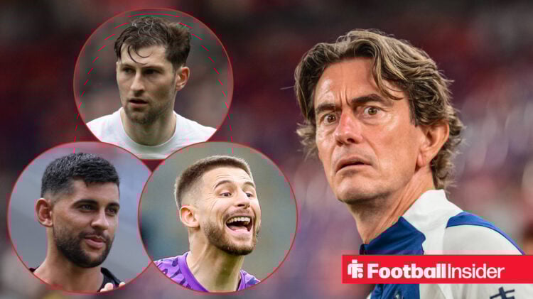 Cristian Romero, Ben Davies, Guglielmo Vicario and Thomas Frank intensely staring at one another