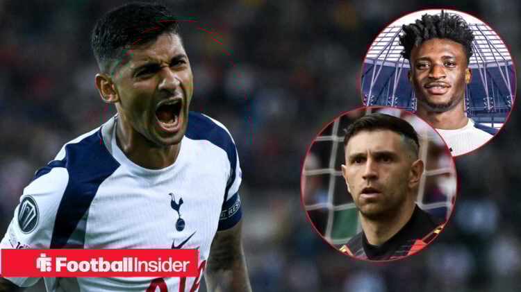 Cristian Romero in Tottenham home shirt celebrating with Emi Martinez and Mohammed Kudus insets