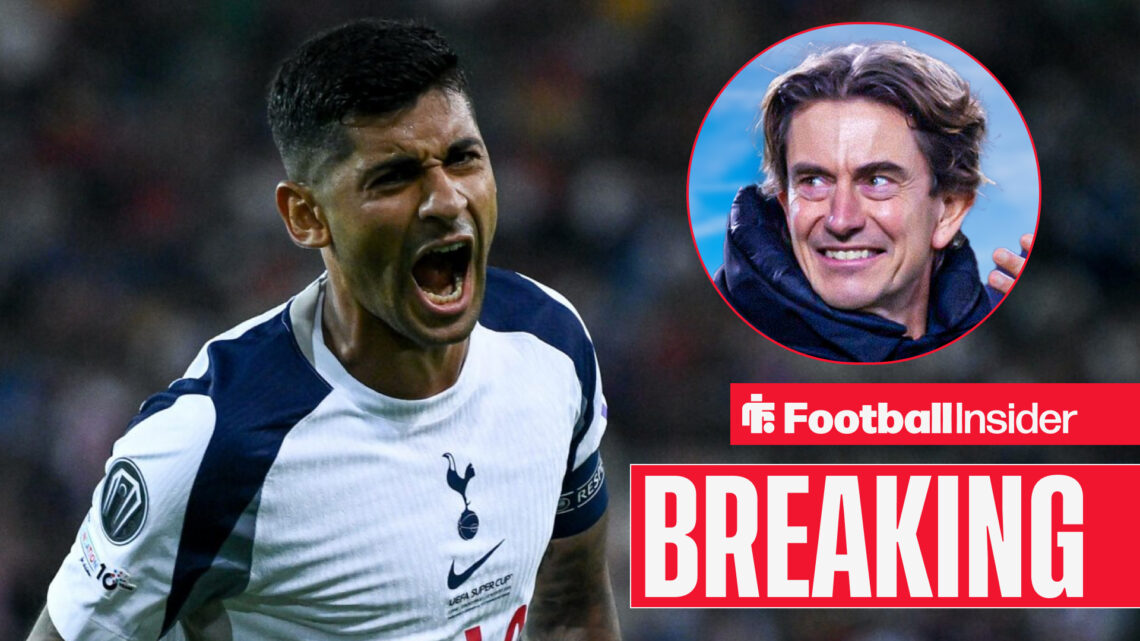 Breaking news banner over Tottenham's Cristian Romero in action and looking at Tottenham boss Thomas Frank who looks happy after a game