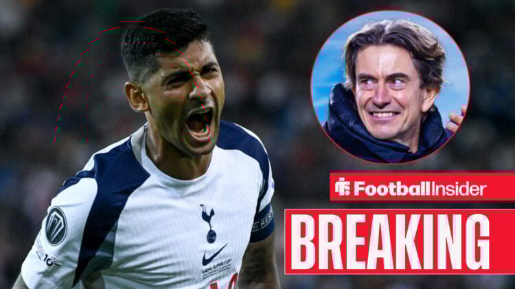 Breaking news banner over Tottenham's Cristian Romero in action and looking at Tottenham boss Thomas Frank who looks happy after a game