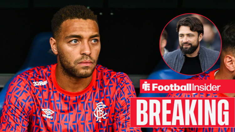 Cyriel Dessers in the Rangers dugout, Russell Martin in a circular inset