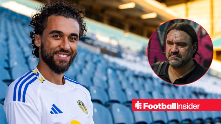 Dominic Calvert-Lewin at Elland Roads in a Leeds kit, next to an image of Daniel Farke