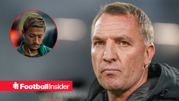 Daizen Maeda on the left looking sad with Brendan Rodgers on the right looking serious