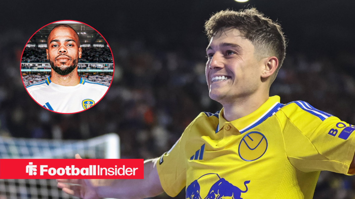 Dan James in Leeds away shirt with Lukas Nmecha inset