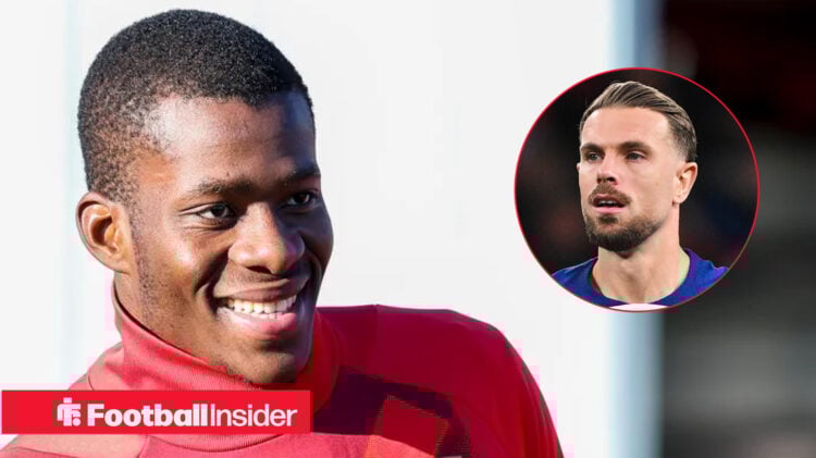 Dango Ouattara in training shirt with Jordan Henderson circle inset
