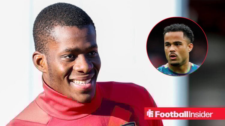 Brentford's Dango Ouattara in training at Bournemouth looking at Bournemouth's Justin Kluivert who is in action looking at him