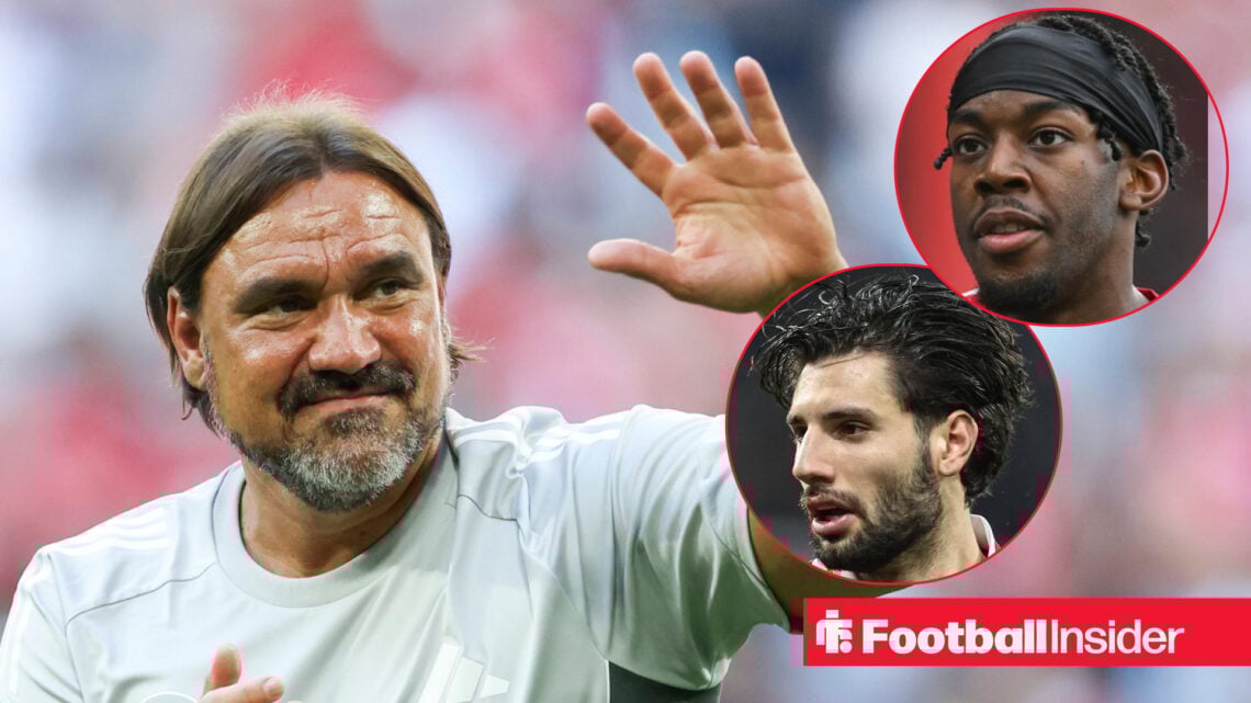Daniel Farke waving with Anthony Elanga and Dominik Szoboszlai both looking focused on the right of the image