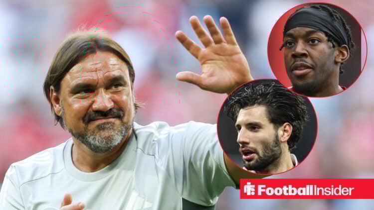 Daniel Farke waving with Anthony Elanga and Dominik Szoboszlai both looking focused on the right of the image