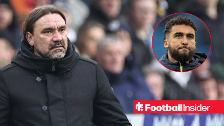 Leeds United manager Daniel Farke on the touch line alongside a circular inset of striker Dominic Calvert-Lewin
