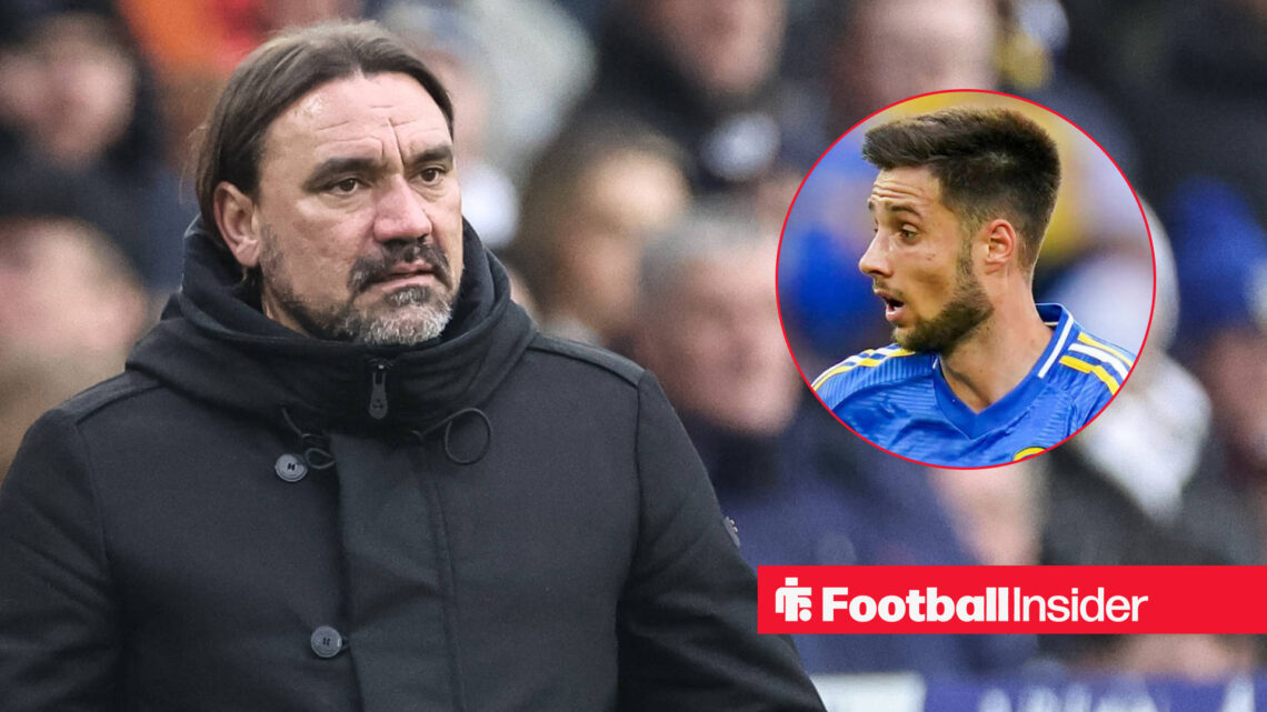 Daniel Farke looking shocked and annoyed during a Leeds match, next to an image of Ilia Gruev
