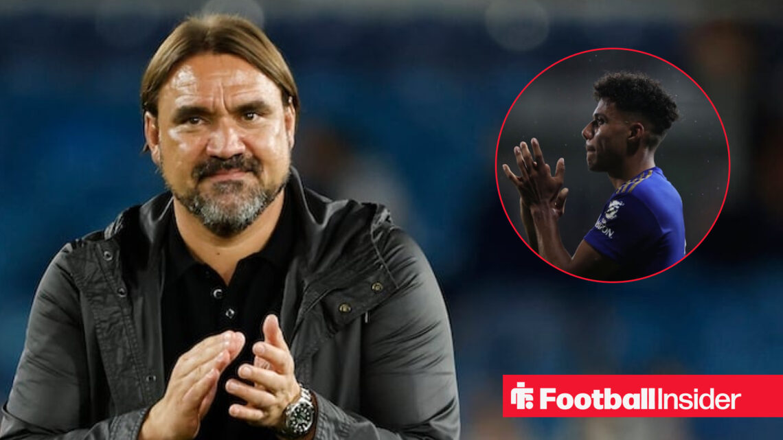 Leeds United boss Daniel Farke applauding next to a circular frame of James Justin