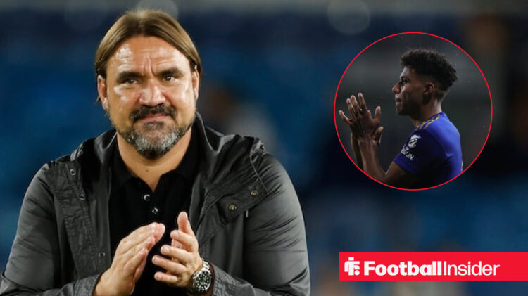 Leeds United boss Daniel Farke applauding next to a circular frame of James Justin