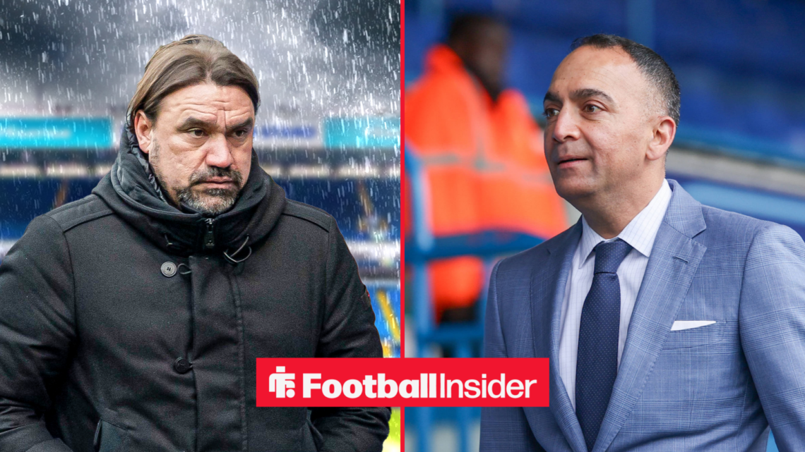 Leeds United boss Daniel Farke stood in a storm alongside an image of Paraag Marathe