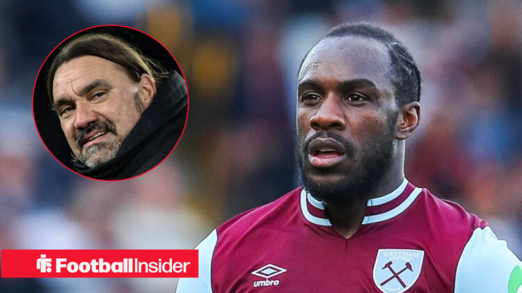 Daniel Farke on the left smiling with Michail Antonio on the right hand side looking serious