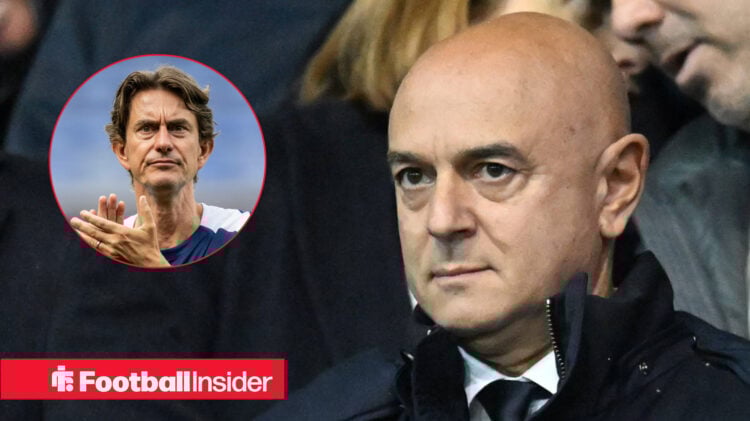 Spurs chairman Daniel Levy looking stern in the stands at Spurs manager Thomas Frank who is stood before a game in a training kit