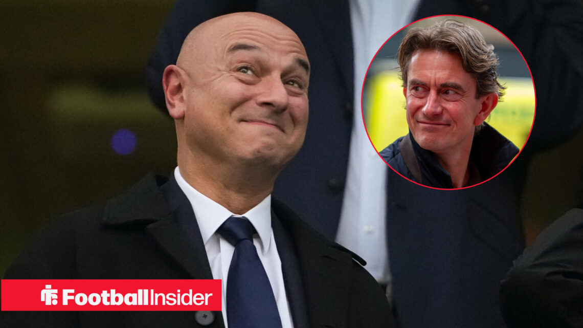 Daniel Levy smiling with Tottenham boss Thomas Frank included in a circular inset