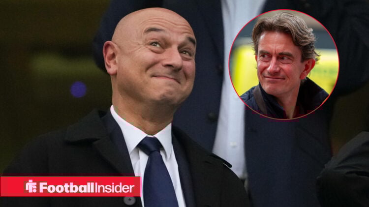 Daniel Levy smiling with Tottenham boss Thomas Frank included in a circular inset