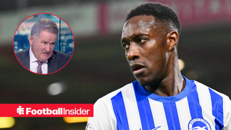 Brighton's Danny Welbeck in action looking at broadcaster Richard Keys inset left who is in a studio looking back at him