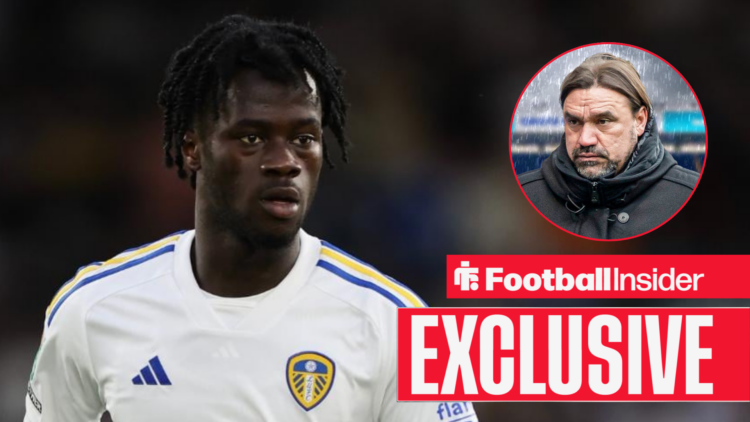 Darko Gyabi in Leeds home shirt with Daniel Farke inset