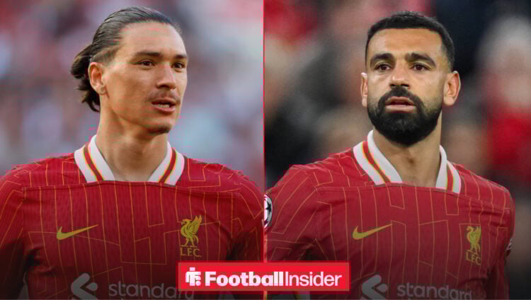 Darwin Nunez in a Liverpool shirt in action looking at teammate Mohamed Salah who is also playing for Liverpool and looking in his direction