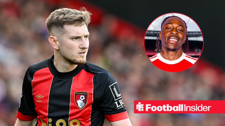 Bournemouth's David Brooks in action frowning at inset of Eberechi Eze smiling in an Arsenal shirt